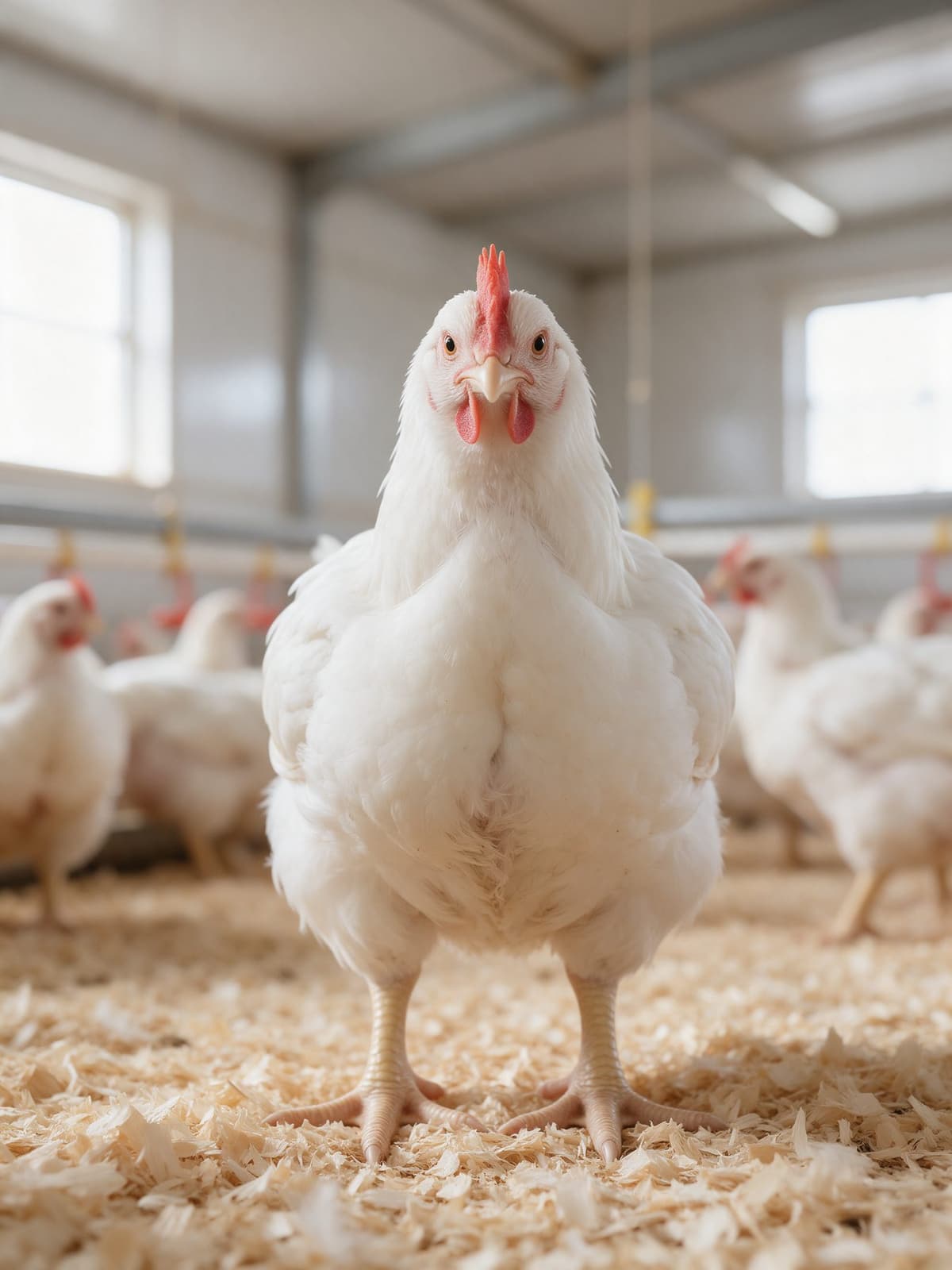 A healthy white broiler chicken in a clean poultry house