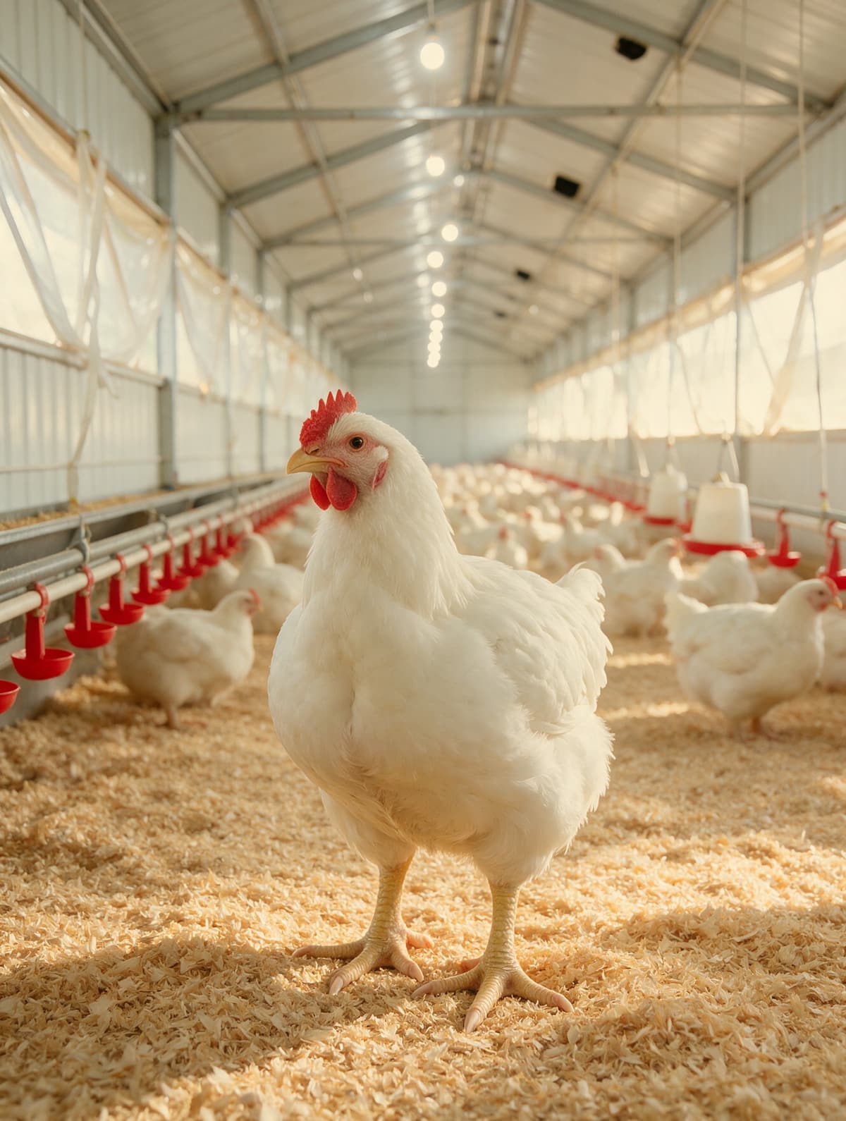 A healthy white broiler in a clean, well run commercial poultry house