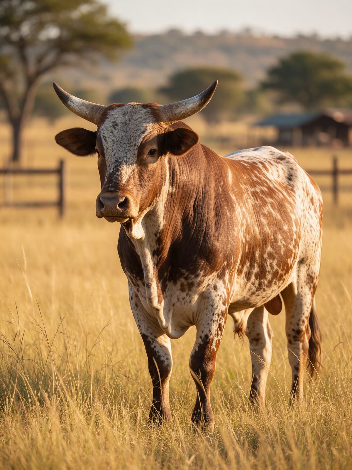 A strong, healthy Nguni bull grazing in golden grass