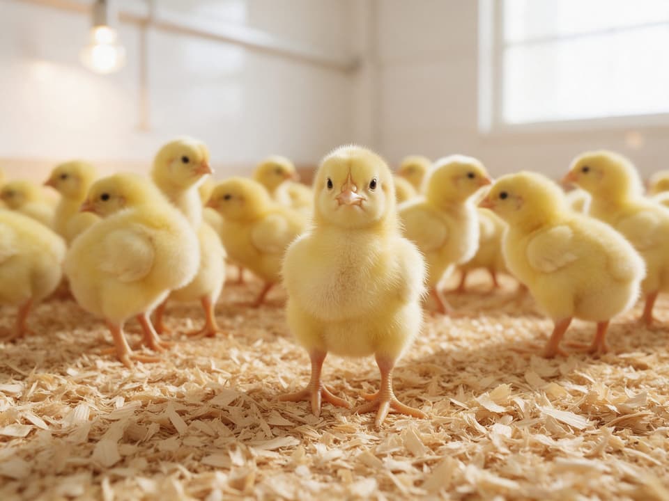 Healthy day old chicks in a warm, clean brooder