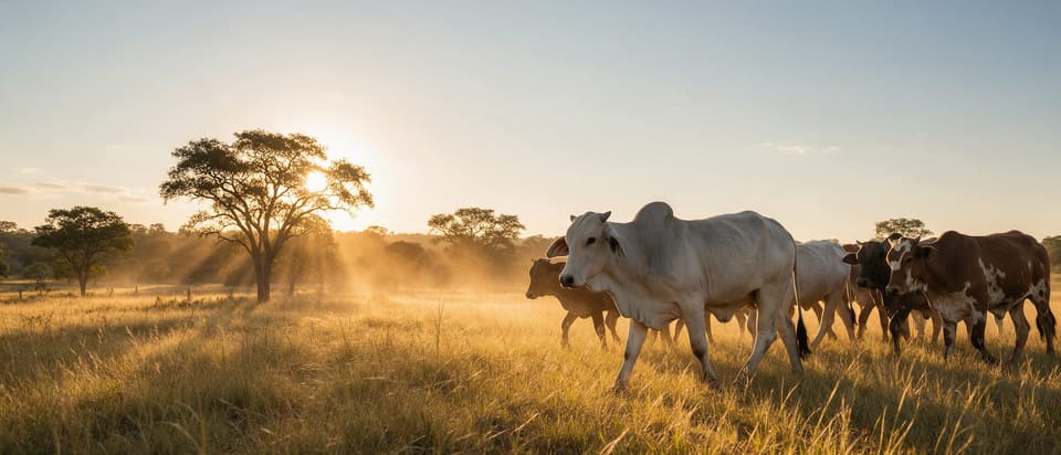 Healthy cattle walking through golden grassland at sunset