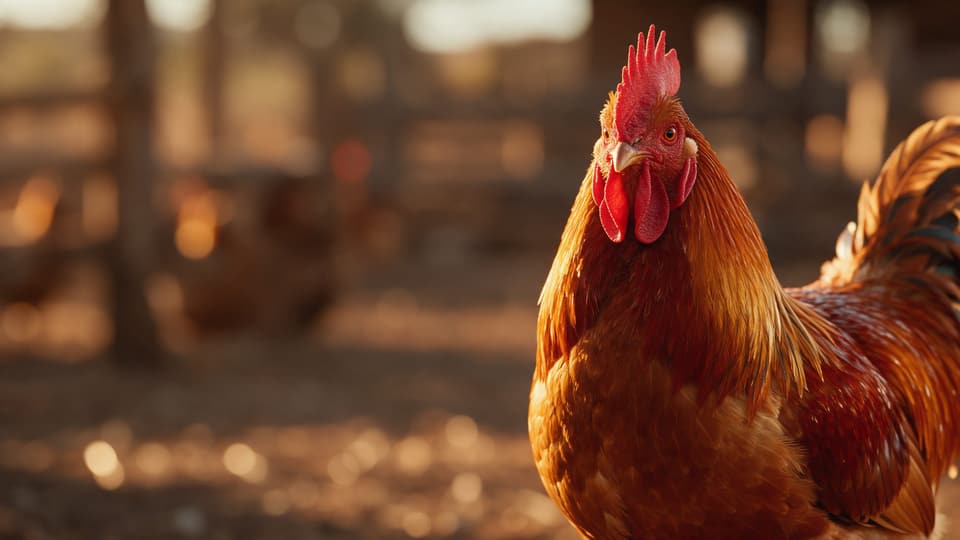 A healthy rooster with glossy copper feathers in warm golden light