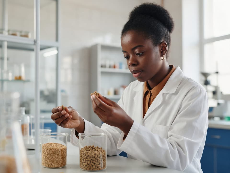 An animal nutritionist examining a feed sample in a laboratory