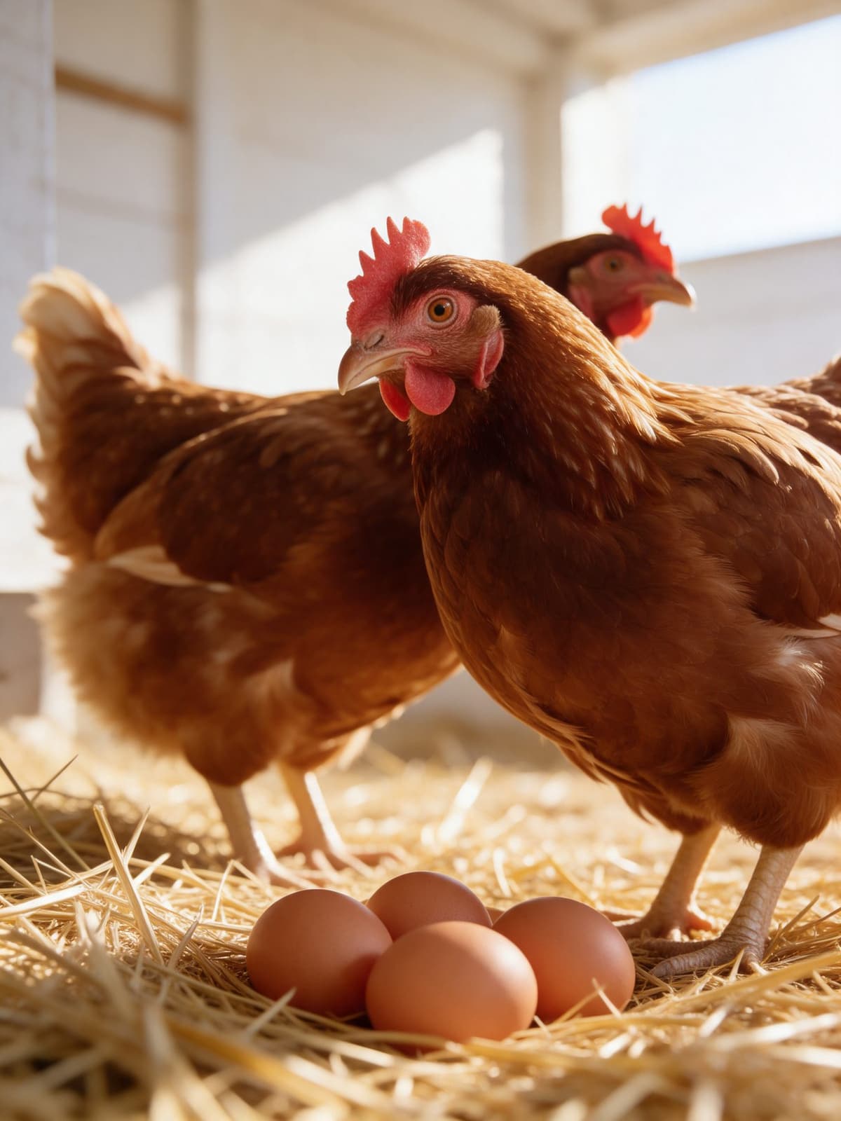 Two healthy brown laying hens with fresh eggs