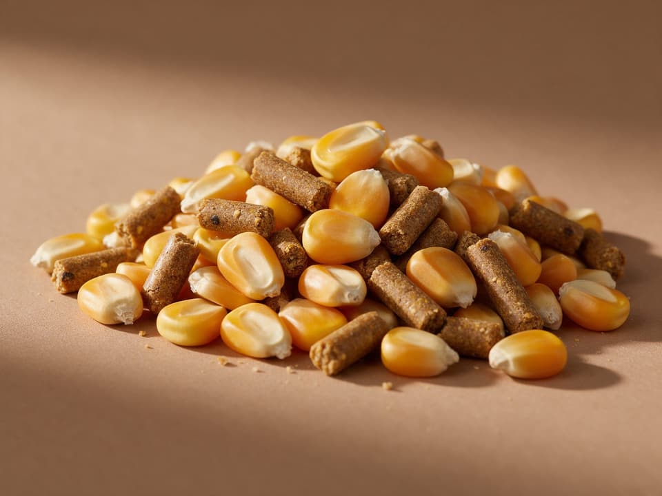 A close view of feed pellets and maize grain
