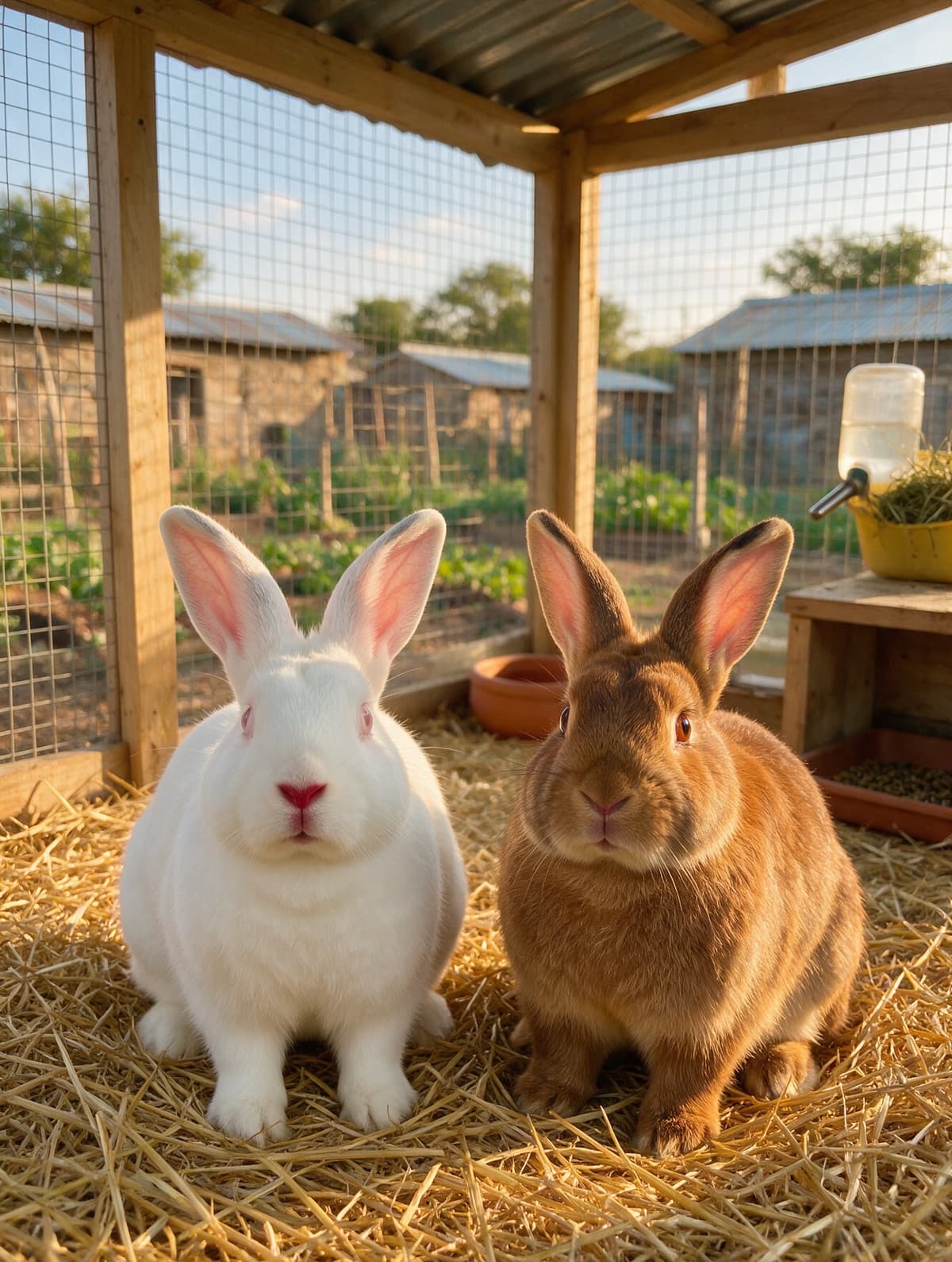 Two healthy rabbits, one white and one brown, on clean straw in a farm hutch